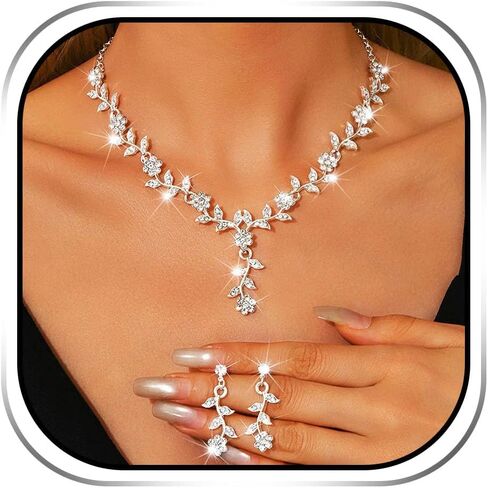 Sixexey Silver Rhinestone Wedding Jewelry Set Sparkly Bridal Necklace Earrings Prom Costume Jewelry Accessories for Women in Kuwait
