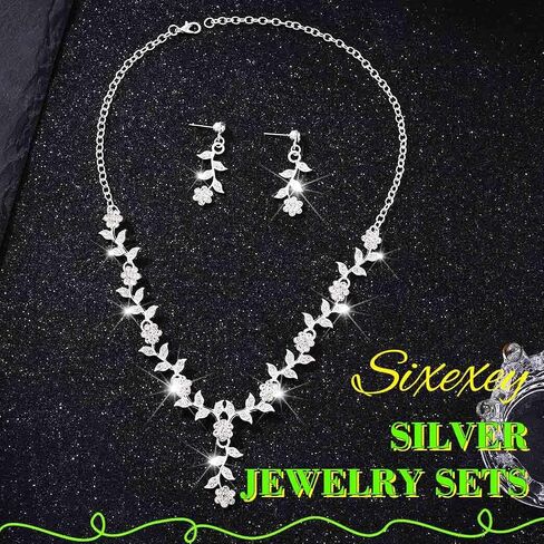 Sixexey Silver Rhinestone Wedding Jewelry Set Sparkly Bridal Necklace Earrings Prom Costume Jewelry Accessories for Women in Kuwait