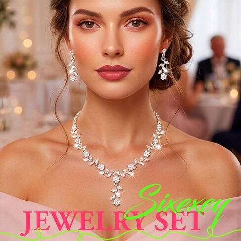 Sixexey Silver Rhinestone Wedding Jewelry Set Sparkly Bridal Necklace Earrings Prom Costume Jewelry Accessories for Women in Kuwait