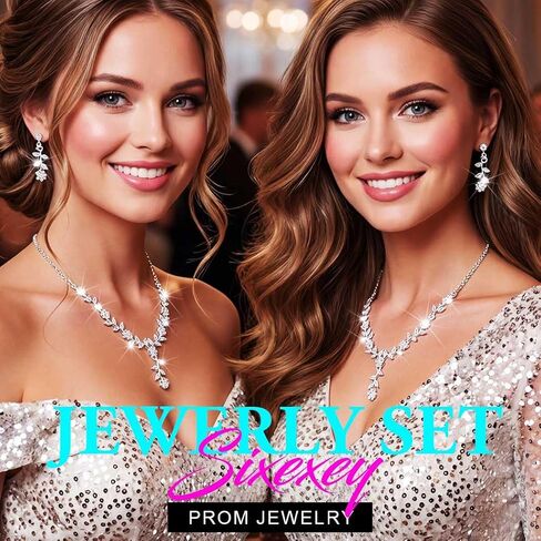 Sixexey Silver Rhinestone Wedding Jewelry Set Sparkly Bridal Necklace Earrings Prom Costume Jewelry Accessories for Women in Kuwait
