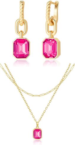 Lourny Gold Earrings and Layered Crystal Necklace Set for Women, 18K Gold Plated Choker Hot Pink Dainty Chain Trendy Jewelry for Women Gifts in Saudi Arabia