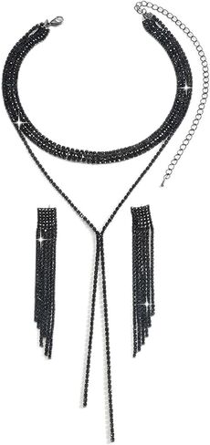 Black Prom Jewelry for Women - Rhinestone Y-Shaped Necklace & Long Tassel Dangle Earrings - Formal Wedding Bridal Costume Accessories in Saudi Arabia