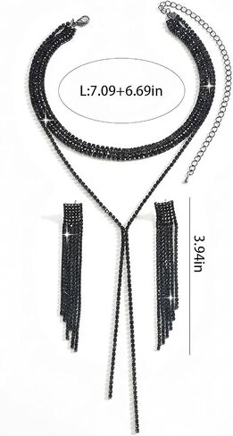 Black Prom Jewelry for Women - Rhinestone Y-Shaped Necklace & Long Tassel Dangle Earrings - Formal Wedding Bridal Costume Accessories in Saudi Arabia