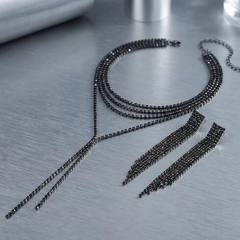 Black Prom Jewelry for Women - Rhinestone Y-Shaped Necklace & Long Tassel Dangle Earrings - Formal Wedding Bridal Costume Accessories in Saudi Arabia