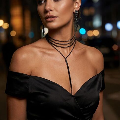 Black Prom Jewelry for Women - Rhinestone Y-Shaped Necklace & Long Tassel Dangle Earrings - Formal Wedding Bridal Costume Accessories in Saudi Arabia