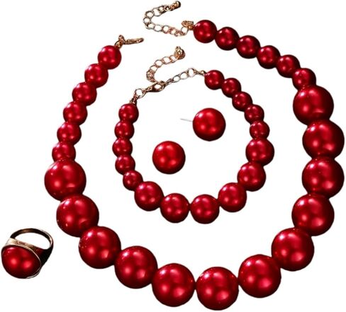 Large Big Simulated Pearl Adjustable Chain Necklace Bracelet Dangling Earrings Ring for Women Jewelry Set Imitation Dainty Elegant Wedding Party Birthday in Kuwait
