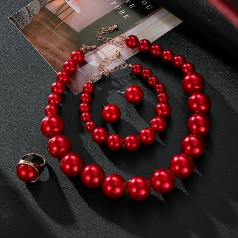 Large Big Simulated Pearl Adjustable Chain Necklace Bracelet Dangling Earrings Ring for Women Jewelry Set Imitation Dainty Elegant Wedding Party Birthday in Kuwait