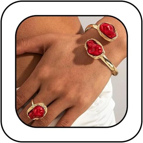 Trendy Red Blue Baroque Pearl Gold Cuff Bracelets Finger Rings for Women, Boho Irregular Pearls Bracelet Open Ring Vintage Party Vacation Jewelry Set in Kuwait