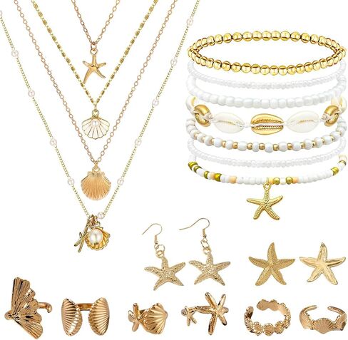 16Pcs Seashell Starfish Jewelry Set for Women - Mermaid Jewelry with Starfish Earrings, Ring Necklace Earrings Costume in Saudi Arabia