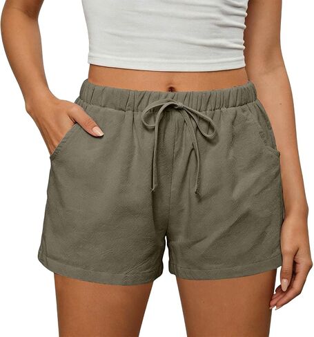 Linen Shorts for Women Trendy 2026 Summer Casual Elastic High Waisted Board Shorts with Pockets Solid Comfy Bermudas in Saudi Arabia