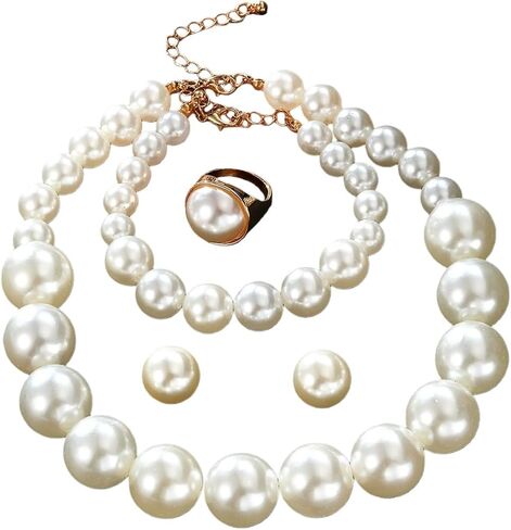 Large Big Simulated Pearl Adjustable Chain Necklace Bracelet Dangling Earrings Ring for Women Jewelry Set Imitation Dainty Elegant Wedding Party Birthday in Saudi Arabia