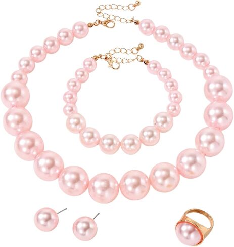 Large Big Simulated Pearl Adjustable Chain Necklace Bracelet Dangling Earrings Ring for Women Jewelry Set Imitation Dainty Elegant Wedding Party Birthday in Kuwait