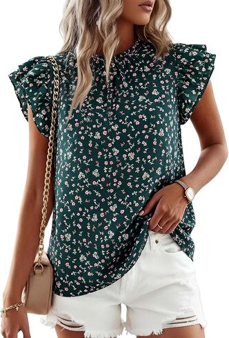 Supnier Womens Ruffle Short Sleeve Summer Tops 2026 Floral Mock Neck Dressy Casual Flowy Chiffon Boho Blouses Shirts in Saudi Arabia