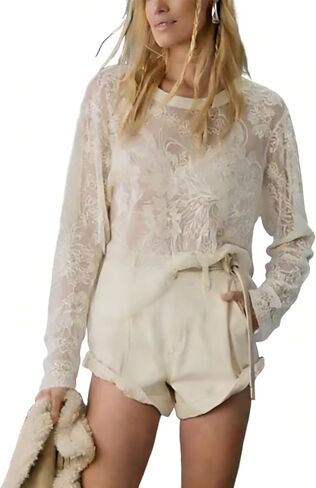 OPCAKM Lace Tops for Women Sexy Sheer Mesh Top Embroidered See Long Shirt Sleeve See Through Black Blouse T Shirts in Kuwait