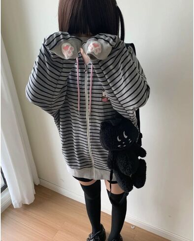 Y2K Sweet Wind Strawberry Cat Printed Striped Hoodie Women's Cute Cat Ears Hoodie Loose Top in Saudi Arabia