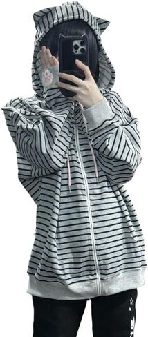 Y2K Sweet Wind Strawberry Cat Printed Striped Hoodie Women's Cute Cat Ears Hoodie Loose Top in Saudi Arabia