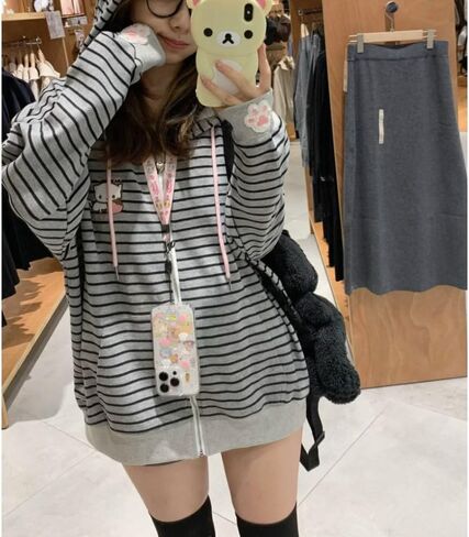 Y2K Sweet Wind Strawberry Cat Printed Striped Hoodie Women's Cute Cat Ears Hoodie Loose Top in Saudi Arabia