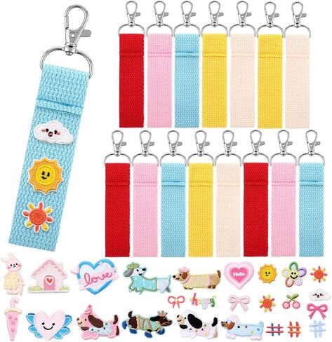 40pcs Fabric Keychain Wristlet Kit, DIY Key Strap Holder with Cute Iron-on Applique Patches, Polyester Hand Lanyard for Car Keys Wallet Purse, DIY Craft Gifts for Women Birthday Gift in Saudi Arabia