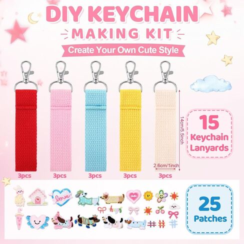 40pcs Fabric Keychain Wristlet Kit, DIY Key Strap Holder with Cute Iron-on Applique Patches, Polyester Hand Lanyard for Car Keys Wallet Purse, DIY Craft Gifts for Women Birthday Gift in Saudi Arabia