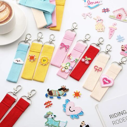 40pcs Fabric Keychain Wristlet Kit, DIY Key Strap Holder with Cute Iron-on Applique Patches, Polyester Hand Lanyard for Car Keys Wallet Purse, DIY Craft Gifts for Women Birthday Gift in Saudi Arabia
