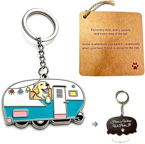 Enamel Camper Keychain Golden Retriever, RV Key Ring Dog Lovers, Home is Where We Park It Engraved, Camping Gifts in Saudi Arabia