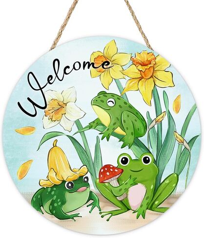 Welcome Spring Summer Frog Floral Front Door Sign, Daffodil Flower Wood Plaque Hanger Outdoor Outside Porch Home Decor, Mushroom Farmhouse Wooden Wreath Indoor Wall Hanging Decoration in Kuwait