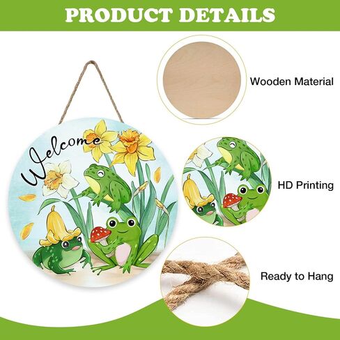 Welcome Spring Summer Frog Floral Front Door Sign, Daffodil Flower Wood Plaque Hanger Outdoor Outside Porch Home Decor, Mushroom Farmhouse Wooden Wreath Indoor Wall Hanging Decoration in Kuwait