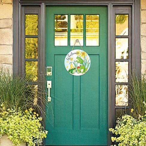 Welcome Spring Summer Frog Floral Front Door Sign, Daffodil Flower Wood Plaque Hanger Outdoor Outside Porch Home Decor, Mushroom Farmhouse Wooden Wreath Indoor Wall Hanging Decoration in Kuwait