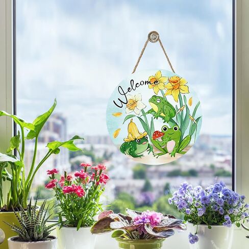 Welcome Spring Summer Frog Floral Front Door Sign, Daffodil Flower Wood Plaque Hanger Outdoor Outside Porch Home Decor, Mushroom Farmhouse Wooden Wreath Indoor Wall Hanging Decoration in Kuwait