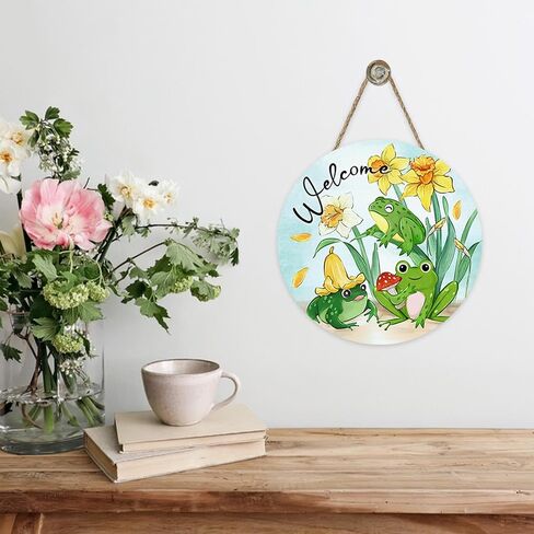 Welcome Spring Summer Frog Floral Front Door Sign, Daffodil Flower Wood Plaque Hanger Outdoor Outside Porch Home Decor, Mushroom Farmhouse Wooden Wreath Indoor Wall Hanging Decoration in Kuwait