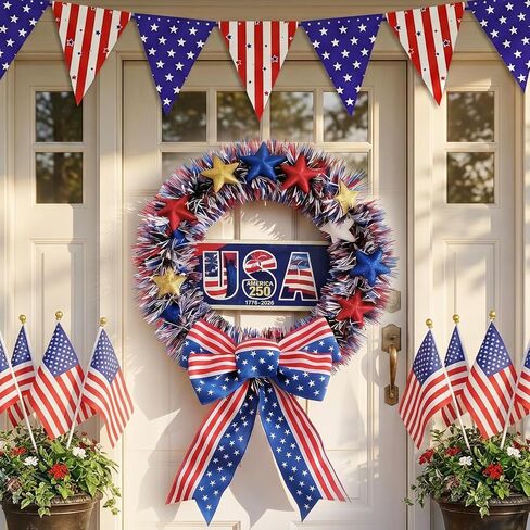 4th of July Patriotic Wreath Set– 15" 250th Anniversary Wooden Sign & Flag Bow, w/ 12 Small US Flags + 15-Piece Bunting for Memorial Day, 250th Anniversary, Front Door Porch Wall Indoor Outdoor Decor in Saudi Arabia