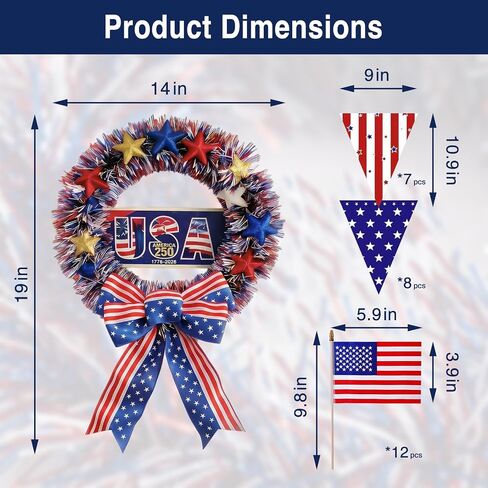 4th of July Patriotic Wreath Set– 15" 250th Anniversary Wooden Sign & Flag Bow, w/ 12 Small US Flags + 15-Piece Bunting for Memorial Day, 250th Anniversary, Front Door Porch Wall Indoor Outdoor Decor in Saudi Arabia