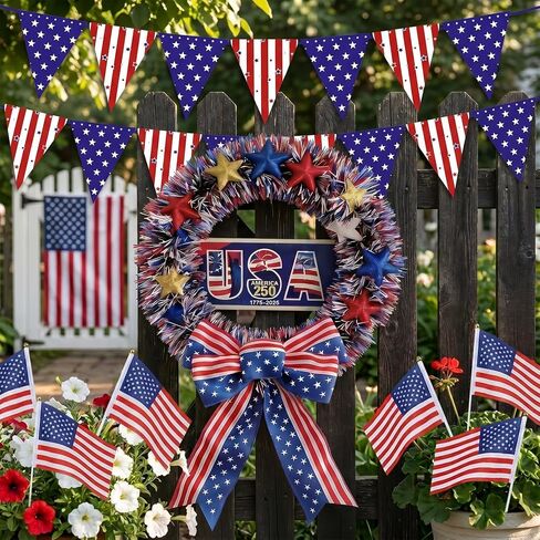 4th of July Patriotic Wreath Set– 15" 250th Anniversary Wooden Sign & Flag Bow, w/ 12 Small US Flags + 15-Piece Bunting for Memorial Day, 250th Anniversary, Front Door Porch Wall Indoor Outdoor Decor in Saudi Arabia