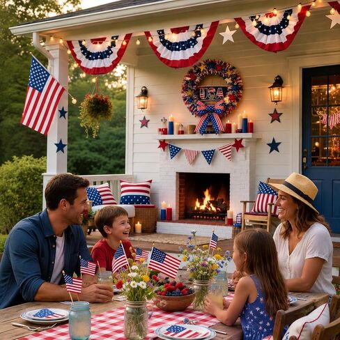 4th of July Patriotic Wreath Set– 15" 250th Anniversary Wooden Sign & Flag Bow, w/ 12 Small US Flags + 15-Piece Bunting for Memorial Day, 250th Anniversary, Front Door Porch Wall Indoor Outdoor Decor in Saudi Arabia