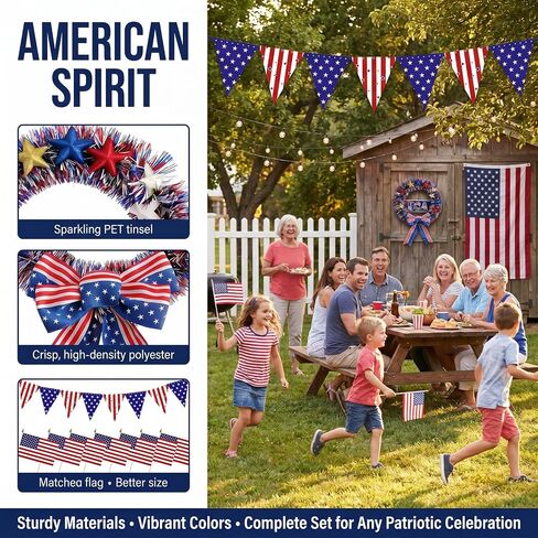 4th of July Patriotic Wreath Set– 15" 250th Anniversary Wooden Sign & Flag Bow, w/ 12 Small US Flags + 15-Piece Bunting for Memorial Day, 250th Anniversary, Front Door Porch Wall Indoor Outdoor Decor in Saudi Arabia