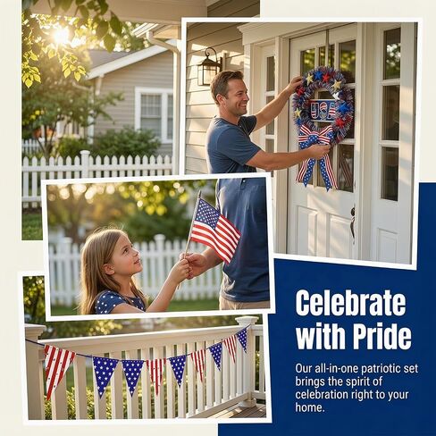 4th of July Patriotic Wreath Set– 15" 250th Anniversary Wooden Sign & Flag Bow, w/ 12 Small US Flags + 15-Piece Bunting for Memorial Day, 250th Anniversary, Front Door Porch Wall Indoor Outdoor Decor in Saudi Arabia