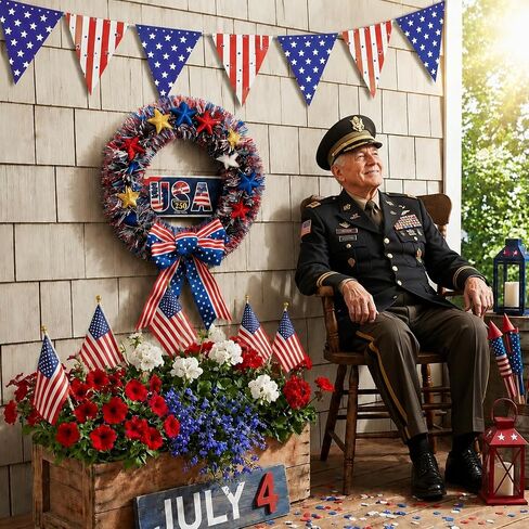 4th of July Patriotic Wreath Set– 15" 250th Anniversary Wooden Sign & Flag Bow, w/ 12 Small US Flags + 15-Piece Bunting for Memorial Day, 250th Anniversary, Front Door Porch Wall Indoor Outdoor Decor in Saudi Arabia