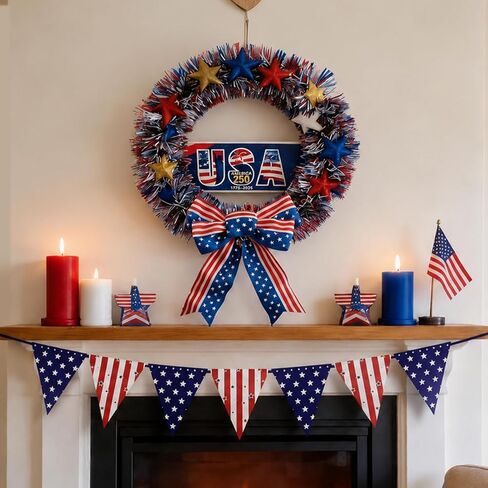 4th of July Patriotic Wreath Set– 15" 250th Anniversary Wooden Sign & Flag Bow, w/ 12 Small US Flags + 15-Piece Bunting for Memorial Day, 250th Anniversary, Front Door Porch Wall Indoor Outdoor Decor in Saudi Arabia