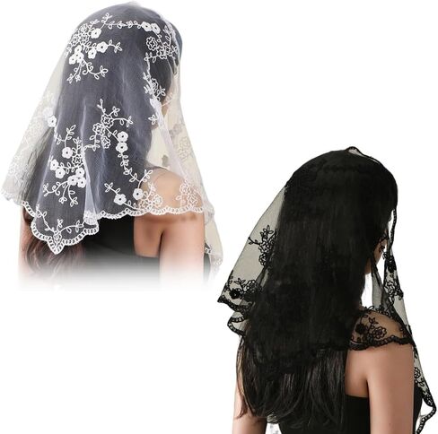 2 Pcs Lace Embroidery Triangle Veil Church Head Covering Scarf Floral Lace Mantilla Chapel Bridal Veil for Women in Kuwait