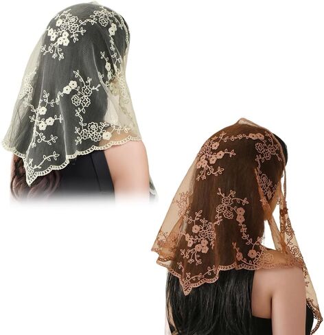2 Pcs Lace Embroidery Triangle Veil Church Head Covering Scarf Floral Lace Mantilla Chapel Bridal Veil for Women in Kuwait