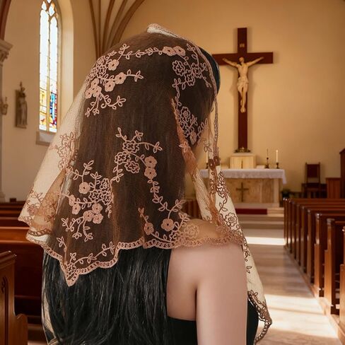 2 Pcs Lace Embroidery Triangle Veil Church Head Covering Scarf Floral Lace Mantilla Chapel Bridal Veil for Women in Kuwait