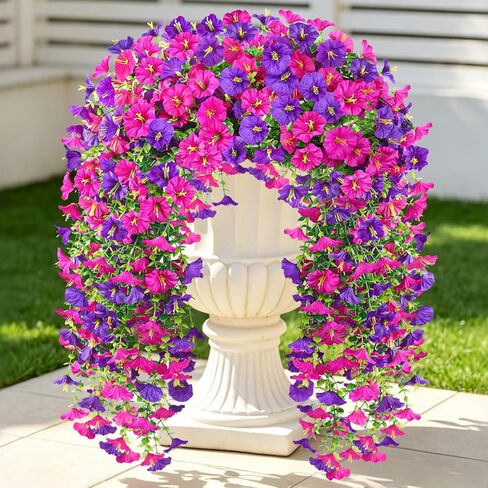 Artificial Hanging Flowers for Outdoors, 6Pcs UV Resistant Morning Glory Vines Fake Flowers with Eucalyptus, Realistic Silk Faux Hanging Plants Decor for Outside Planter Porch Patio (Purple Red) in Saudi Arabia
