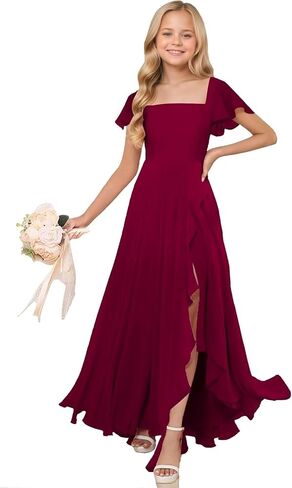 Junior Bridesmaid Dress Chiffon Flower Girls Cap Sleeve Long Maxi A Line Wedding Pageant Dresses BN001 in Saudi Arabia