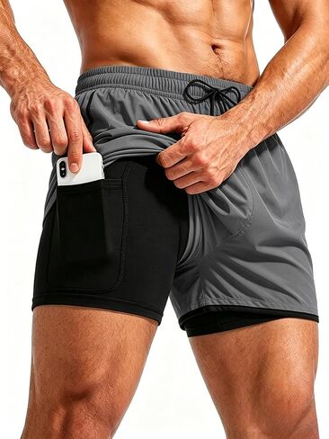 Mens 2 in 1 Workout Running Shorts Quick Dry Gym Athletic Training Shorts with Phone Pockets in Kuwait