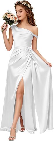 Satin Junior Bridesmaid Dresses Long Off Shoulder Girls Prom Dresses Slit Ruffle Girls Formal Party Dress in Saudi Arabia