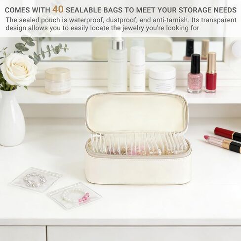 Mkono Travel Jewelry Case, Leather Travel Jewelry Organizer with 40 PVC Bags for Necklaces, Earrings, Rings, Bracelets Jewelry Box Storage Ideal for Trips & Gifts in Kuwait