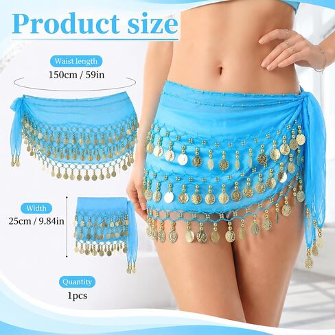 Belly Dance Hip Scarf, Belly Dance Skirt with 72 Gold Coins Dancing Skirt Wrap, Dancer Outfit for Women Halloween Party Performance Yoga Class (Lake Blue) in Kuwait