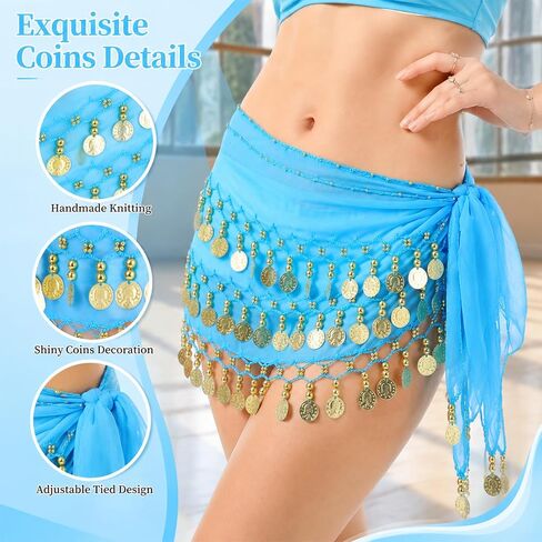 Belly Dance Hip Scarf, Belly Dance Skirt with 72 Gold Coins Dancing Skirt Wrap, Dancer Outfit for Women Halloween Party Performance Yoga Class (Lake Blue) in Kuwait