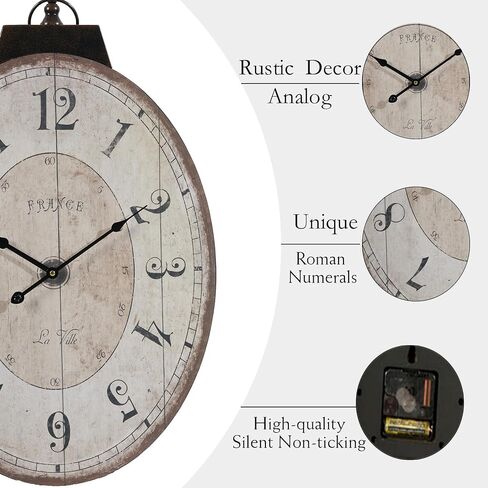 18" x 29" Rustic Farmhouse Oval Wall Clock, Solid Wood Silent Non-Ticking, Battery Operated Decorative Clock for Living Room, Kitchen, Bedroom, Office and Home Decor in Saudi Arabia