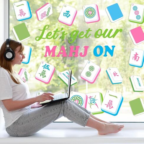 Whaline 9 ورقات Mahjong ذات طابع نافذة تلتصق بالنوافذ، دعنا نحصل على Mahj الخاص بنا على ديكور النوافذ المضاد للتصادمات القابل لإعادة الاستخدام لمستلزمات حفلات أعياد الميلاد والاحتفالات الليلية in Kuwait